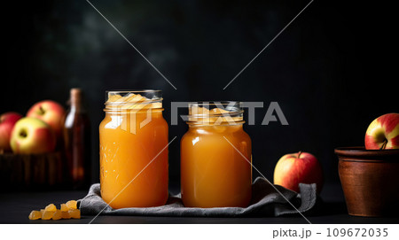 Homemade delicious canned apple jam still life. Two glass jars of apple jam on a dark background. Homemade delicious canned apple jam still life. Two glass jars of apple jam on a dark background. 109672035
