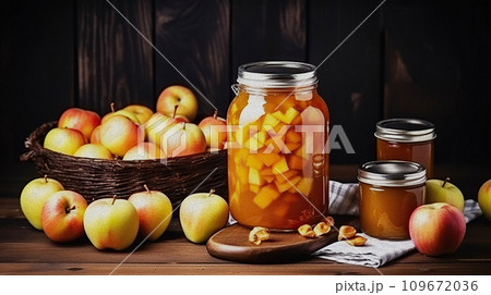 Homemade delicious canned apple jam still life. Homemade delicious canned apple jam still life. 109672036