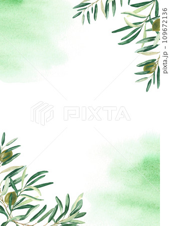 Floral background card template with green olive branches corners and watercolor splashes. For save the date, greeting, rustic wedding card and cover design. Floral background card template with green olive branches corners and watercolor splashes. For save the date, greeting, rustic wedding card and cover design. 109672136