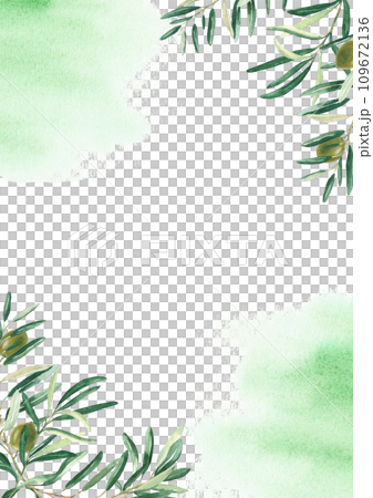 Floral background card template with green olive branches corners and watercolor splashes. For save the date, greeting, rustic wedding card and cover design. Floral background card template with green olive branches corners and watercolor splashes. For save the date, greeting, rustic wedding card and cover design. 109672136