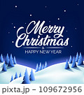 Merry Christmas and New Year greeting card with lettering and snowy night mountains forest, vector illustration 109672956