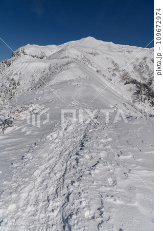 剣ヶ峰山から武尊山に向かう登山道から見た冬の武尊山 109672974