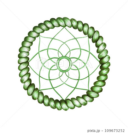 Marker illustration of ethnic handmade woven willow hoop for a dreamcatcher in watercolor style. Hand painted cradle protector isolated on white background. Clip art for designers, cards, invitations, 109673252