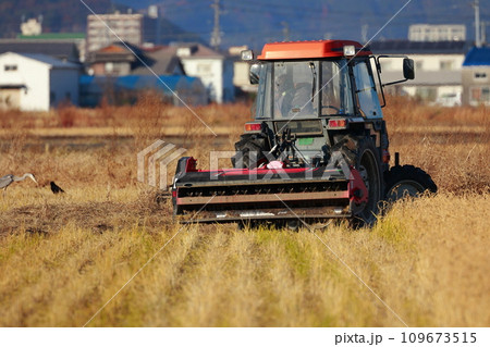 田舎の田んぼを耕すトラクター 109673515