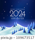 Happy New Year 2024 and Merry Christmas greeting card with lettering and snowy night mountains forest, vector illustration 109673517