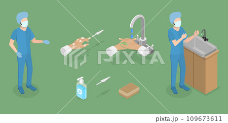 3D Isometric Flat Vector Illustration of Surgical Hand Scrubbing 3D Isometric Flat Vector Illustration of Surgical Hand Scrubbing 109673611