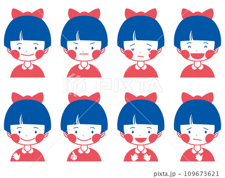 笑顔や泣き顔などの色んな表情のおかっぱ頭の女の子の顔のイラストセット・赤青編 109673621