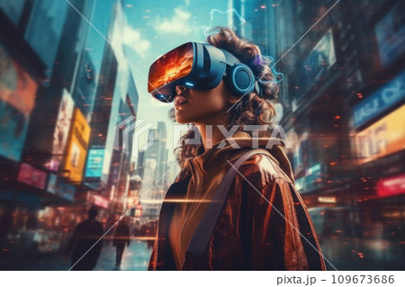 Woman wearing advanced VR glasses on futuristic urban background. Girl with virtual reality goggles, AR augmented reality technology futuristic concept. Metaverse digital cyber world technology 109673686