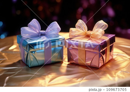 Beautiful and shiny gifts wrapped in metallic neon paper on Boxing Day. Gifts on table with blurred background of bokeh lights, creating festive and cheerful atmosphere. Boxing Day, Christmas concept 109673705