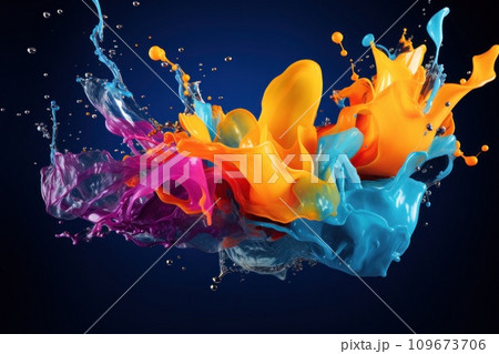 Liquid explosion of colorful paint on dark background, rainbow burst of colors in motion, creating dynamic and fluid effect, ink splash 109673706