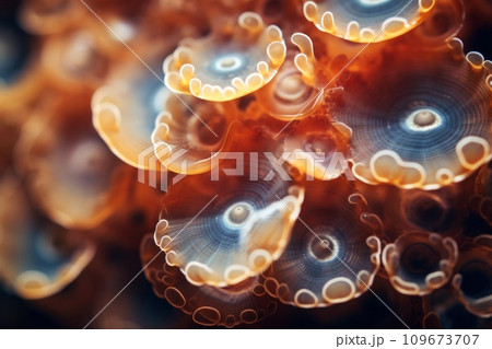 Macro background featuring sea life textures such as coral, shells or algae. Flower sea living coral and reef color under deep dark water of ocean environment underwater 109673707