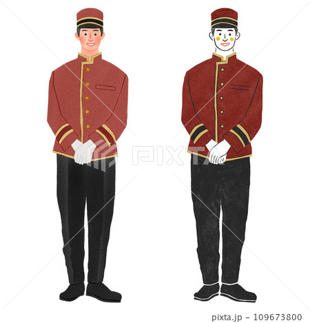ホテルで働く制服を着た男性全身手描きイラスト 109673800