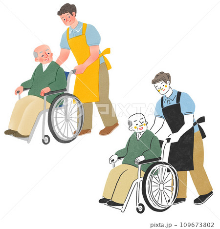 高齢者の男性の車椅子を押す介護士の男性全身手描きイラスト 高齢者の男性の車椅子を押す介護士の男性全身手描きイラスト 109673802