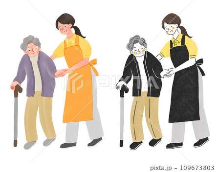 高齢者の女性をサポートする介護士の女性全身手描きイラスト 高齢者の女性をサポートする介護士の女性全身手描きイラスト 109673803