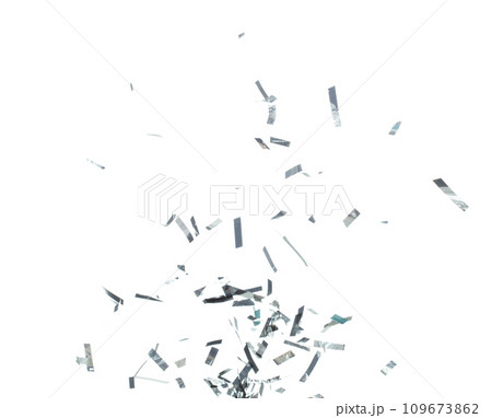 Silver Confetti Foil fall splashing in air. Silver Confetti Foil explosion flying, abstract cloud fly. Many Party glitter scatter in many group. White background isolated high speed shutter freeze 109673862
