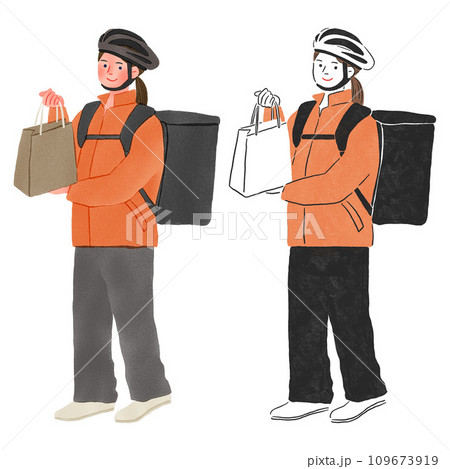 デリバリーの仕事をする女性の全身手描きイラスト 109673919