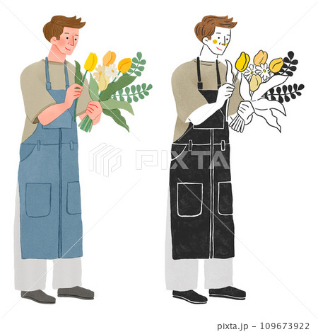 花屋で花束を作るエプロンをつけた男性店員の全身手描きイラスト 花屋で花束を作るエプロンをつけた男性店員の全身手描きイラスト 109673922