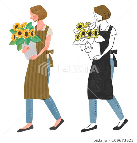 花屋でひまわりを持つエプロンをつけた女性店員の全身手描きイラスト 花屋でひまわりを持つエプロンをつけた女性店員の全身手描きイラスト 109673923