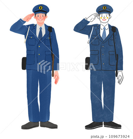 敬礼をする警察官の男性全身手描きイラスト 109673924