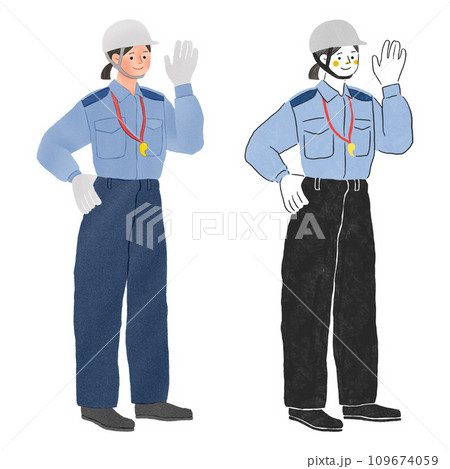 作業着を着た空港で働く作業員の女性の全身手描きイラスト 作業着を着た空港で働く作業員の女性の全身手描きイラスト 109674059