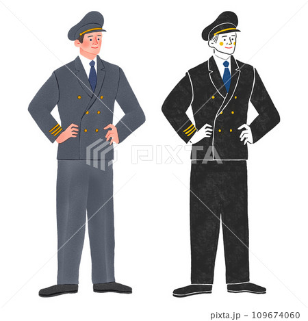飛行機のパイロットの男性の全身手描きイラスト 109674060