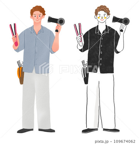 アイロンとドライヤーを持った美容師の男性の全身手描きイラスト 109674062