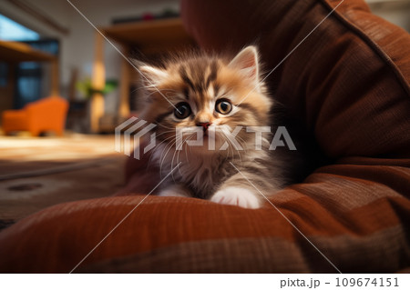 クッションに挟まれるのが楽しい子猫 109674151