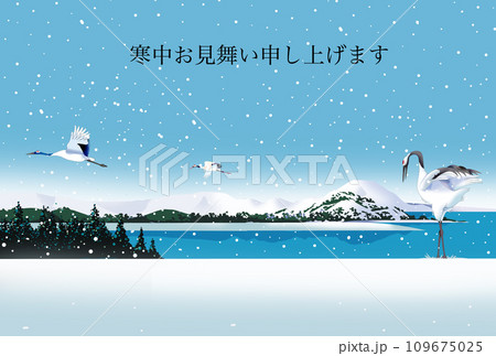 雪と鶴の風景の寒中見舞いのハガキ 109675025