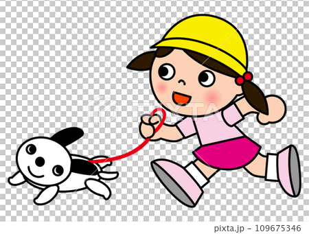 犬をリードで引っ張って散歩をしている小学生の女の子 109675346