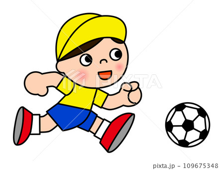 サッカーボールを蹴っている小学生の男の子のイラスト 109675348