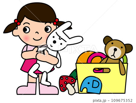 クマやゾウやうさぎのおもちゃを片付けている女の子のイラスト 109675352