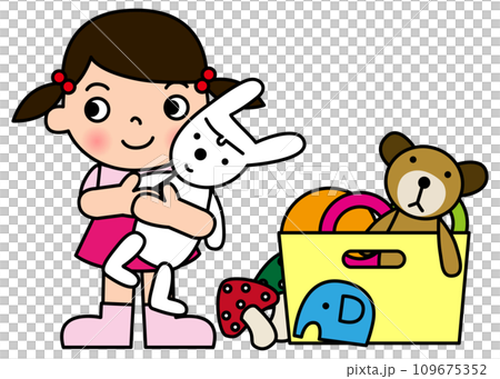 一個女孩清理熊、大象和兔子玩具的插圖 109675352