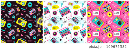 Set of Radio Seamless Pattern Illustration Design with Player for Record and Listening to Music in Flat Cartoon Template 109675582