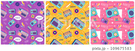 Set of Radio Seamless Pattern Illustration Design with Player for Record and Listening to Music in Flat Cartoon Template 109675583