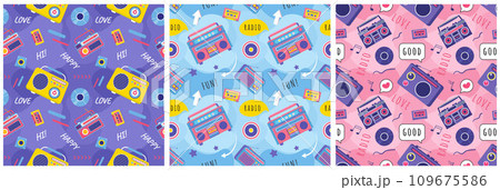 Set of Radio Seamless Pattern Illustration Design with Player for Record and Listening to Music in Flat Cartoon Template Set of Radio Seamless Pattern Illustration Design with Player for Record and Listening to Music in Flat Cartoon Template 109675586