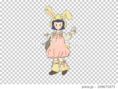 一個戴著兔子帽的女孩在復活節狩獵雞蛋的全身插圖 一個戴著兔子帽的女孩在復活節狩獵雞蛋的全身插圖 109675875
