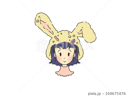 おしゃれなウサギの帽子をかぶった女の子の顔のイラスト おしゃれなウサギの帽子をかぶった女の子の顔のイラスト 109675876