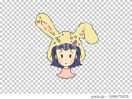 Illustration of a girl's face wearing a fashionable rabbit hat 109675876