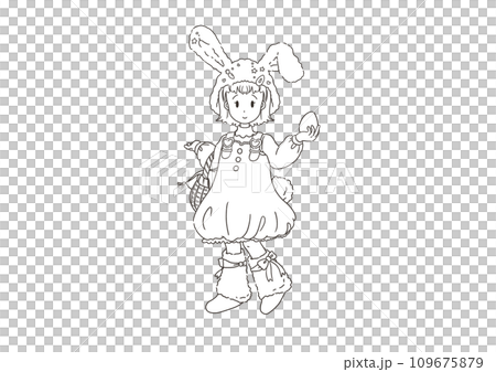 Full-body coloring book illustration of a girl wearing a bunny hat going on an egg hunt at Easter 109675879
