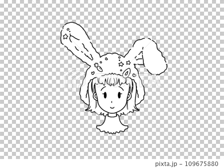 Coloring book illustration of a girl's face wearing a fashionable bunny hat Coloring book illustration of a girl's face wearing a fashionable bunny hat 109675880