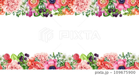 Garden flower seamless border decor. Watercolor illustration. Hand drawn bright summer garden flowers, green leaves seamless border. Anemone, freesia, peony decoration element. White background Garden flower seamless border decor. Watercolor illustration. Hand drawn bright summer garden flowers, green leaves seamless border. Anemone, freesia, peony decoration element. White background 109675900