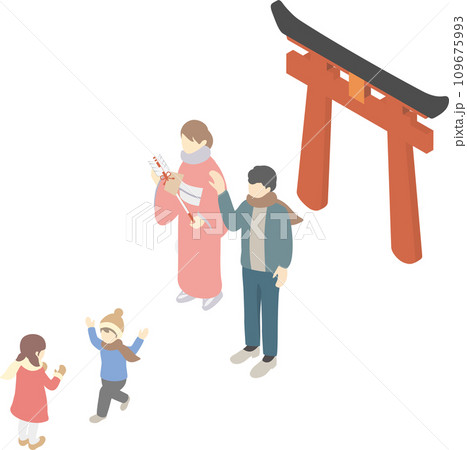 アイソメトリック　お正月　初詣　人物　家族　カップル　男性　女性　イラスト素材セット　 109675993