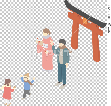 アイソメトリック　お正月　初詣　人物　家族　カップル　男性　女性　イラスト素材セット　 109675993