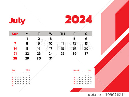 July 2024 Calendar. Week start on Sunday. Desk calendar 2024 design, simple and clean design, Wall calendar for print, digital calendar, Corporate design planner template vector. 109676214