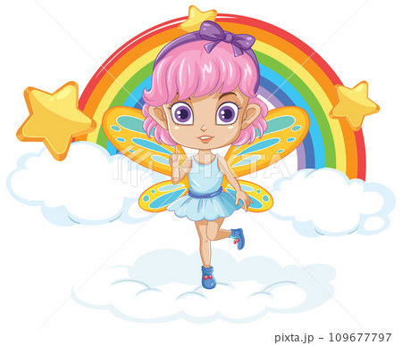 Fairy Girl on Cloud with Rainbow 109677797