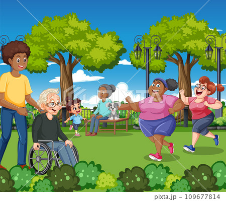 People with different gender age and race at the park doing different activities People with different gender age and race at the park doing different activities 109677814