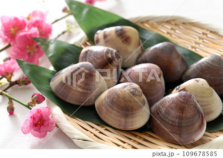 竹ざるの上のはまぐり　桃の花 109678585