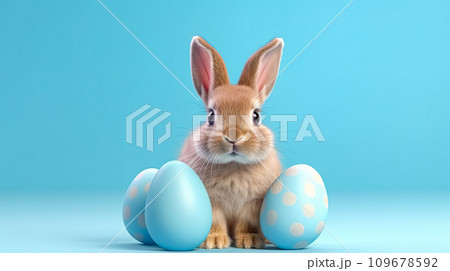 AI-generated content. The Easter bunny is happy, sitting on colored paper 109678592