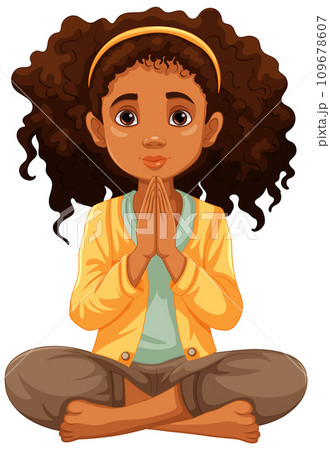 Curly-haired Woman Praying and Meditating with Open Eyes 109678607