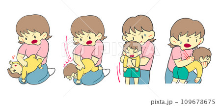 喉に異物を詰まらせた子どもの応急手当をするお母さん＿まとめ 109678675